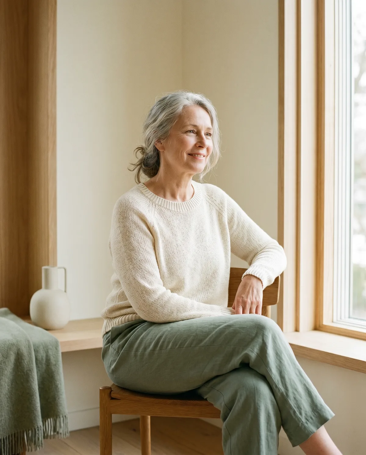 A calm woman in soft natural light
